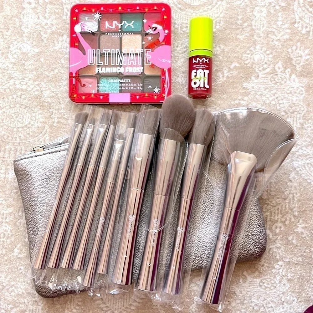 Brand New NYX Eye Face Color Palette Lip Oil & BH Cosmetics 10-Piece Brush Set